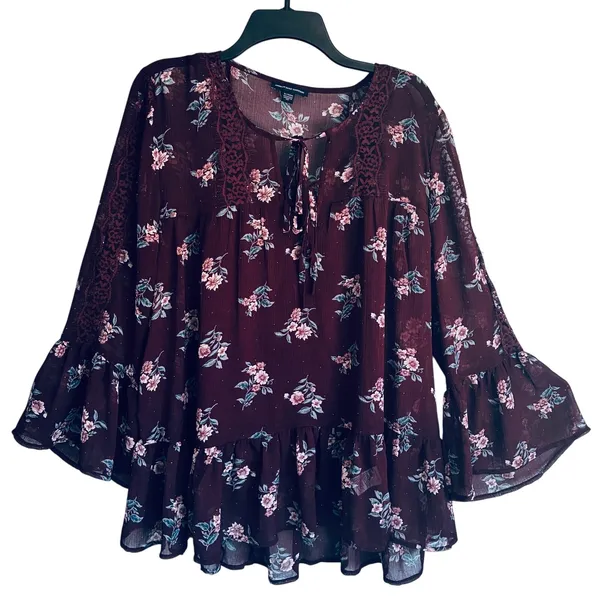 American Eagle Floral Boho Peasant Blouse XL Burgundy Bell Sleeve Lace Tie Neck - Image 6
