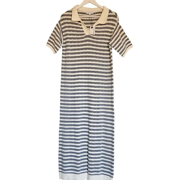 Miou Muse Striped Open Knit Midi‎ Dress Collared Blue/White Size M NEW Nautical - Image 5