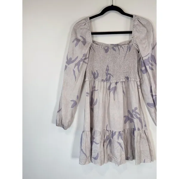 Aritzia Babaton Dress Gray Mini Floral Organic Linen Smocked Babydoll Boho Small - Image 8