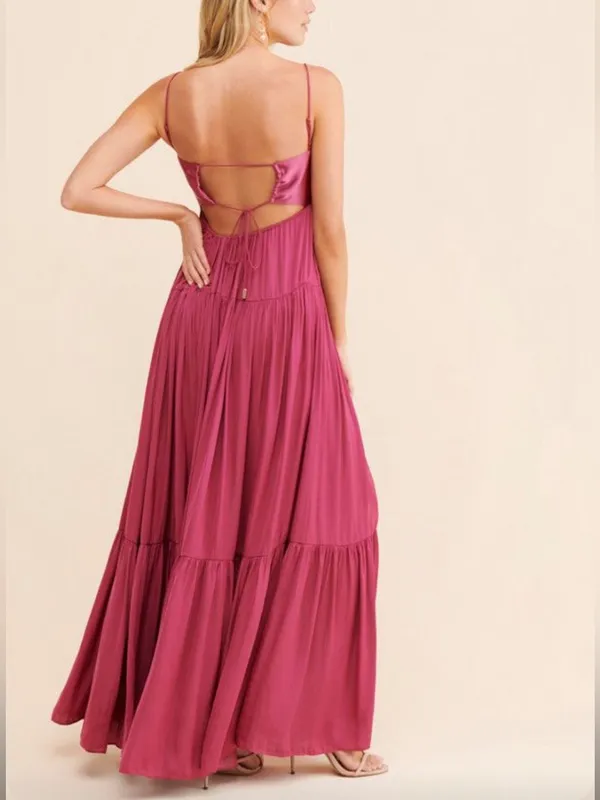Free People Freya Berry Pink Satin Corset Tiered Maxi Dress M Coquette Fairycore - Image 2