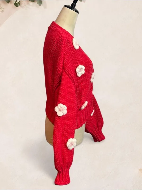 Red V-Neck Floral Appliqué Knit Cardigan Sweater - Image 5