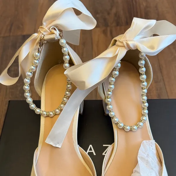 Azazie Cream Heels with Bow and Pearl Accent - Image 9
