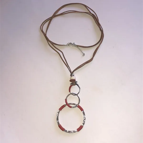 Silver Tone & Coral Red Triple Ring Boho Pendant Necklace - Image 2