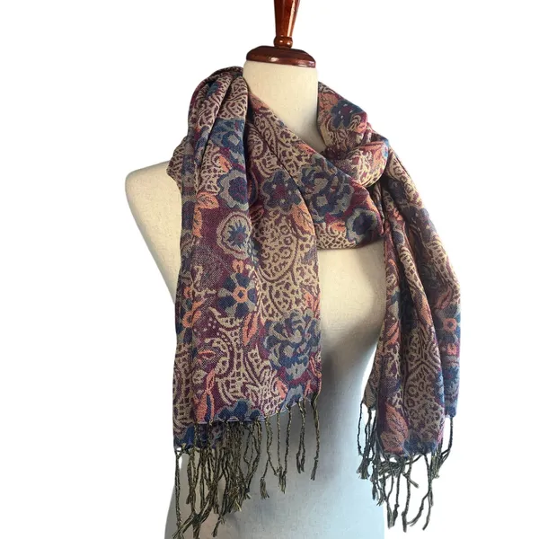 Burgundy Blue Paisley Floral Woven Scarf Shawl Fringe Wrap Boho - Image 2