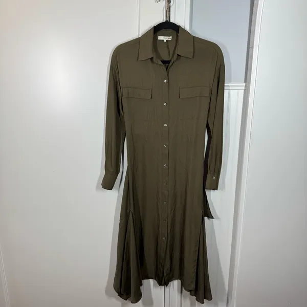 Vince olive green button front‎ tie front asymmetric hemline shirtdress size xs - Image 2