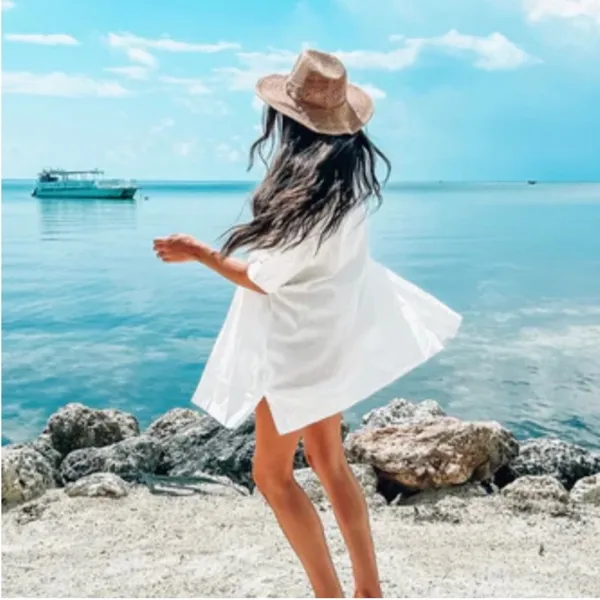 LUCKY WE LIVE HAWAII x GOLDFISH KISS WHITE COTTON SHORT SLEEVE BUTTON COVERUP ML - Image 2