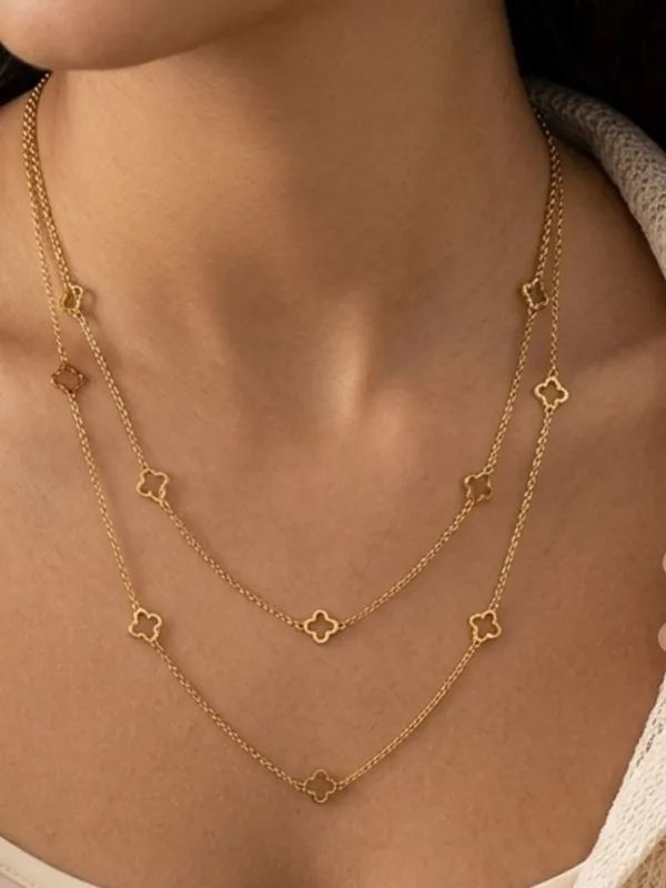 Gold Plated Floral clover necklace Stainless Steel women Jewelry 42” - Image 2