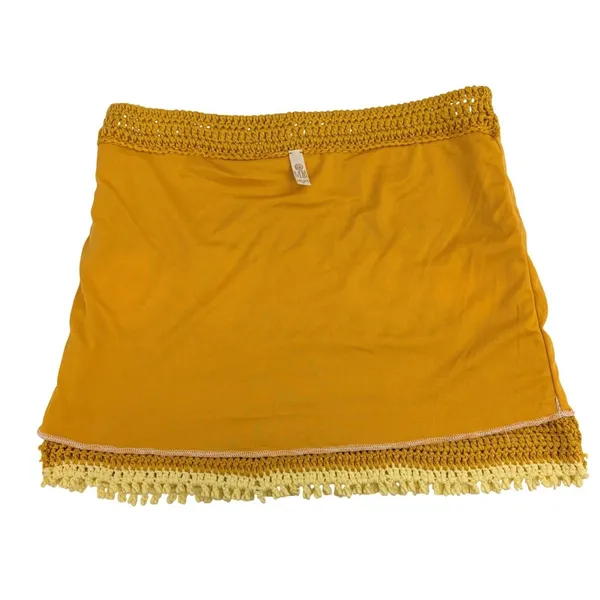 Mora‎ Mustard Yellow Crochet Floral Medallion Fringe Mini Skirt One Size Boho - Image 7