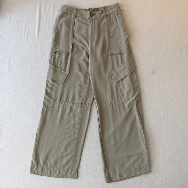 MNG Mango Cargo Pants Woman 6 Beige Wide Leg Lightweight Utility Casual Trousers - Image 3