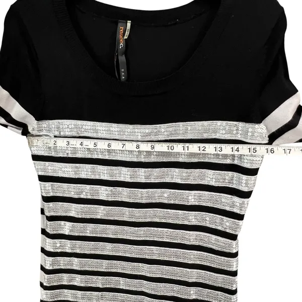 Renee C Sequin Sweater Dress Womens M‎ White Black Stripe Silver Party Holiday - Image 6