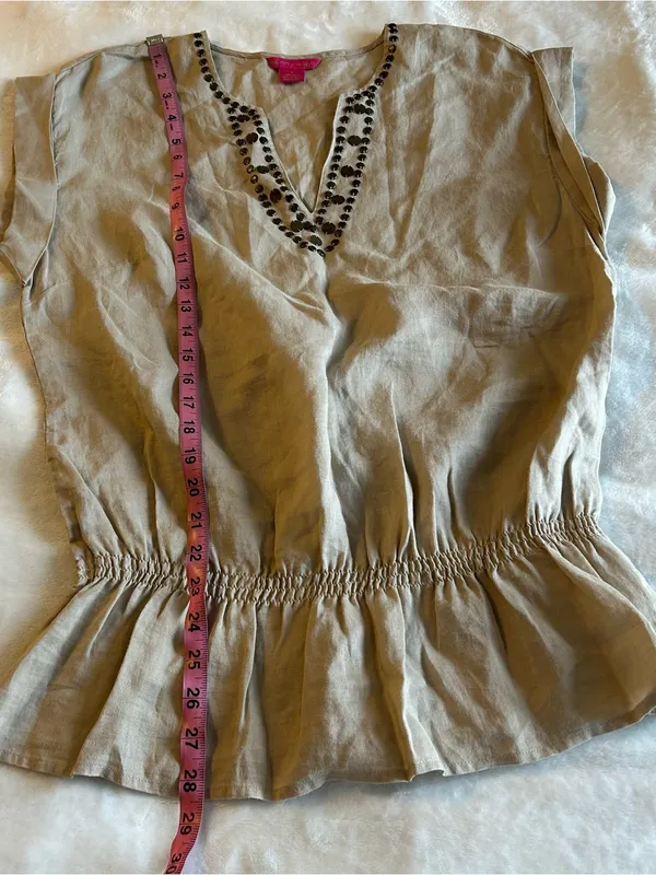 Sunny Leigh tan linen v-neck tunic drop waist peplum size L coastal boho casual - Image 8