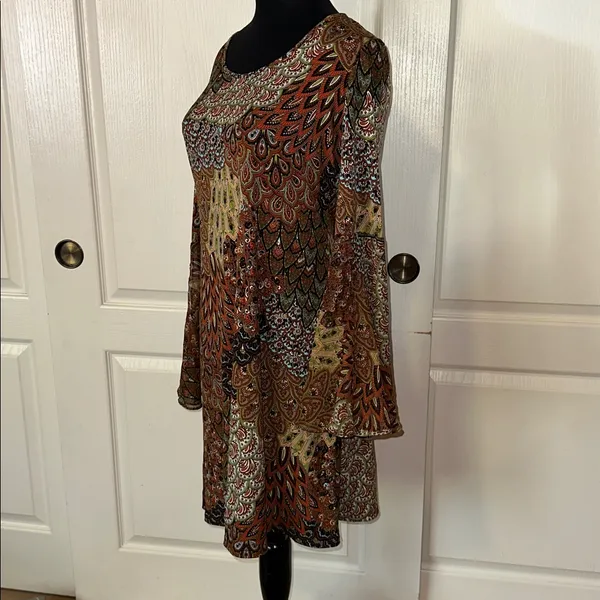 MSK PATCHWORK PEACOCK PIPED FEATHERED BELL SLEEVE DRESS Brown - Image 2