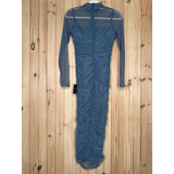 NWT Lulus Impressive Flirt Slate Blue Mesh Ruched Mock Neck Midi Dress Size S - Image 6