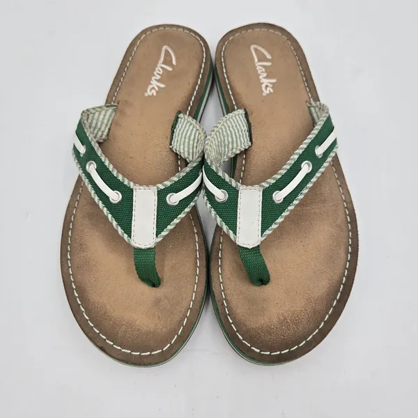 Clarks Sandals Womens 5 M Flo Cherrymore Slip On Thong Flip Flops Green White - Image 2