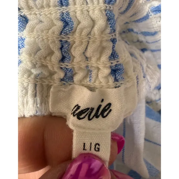 Aerie Linen Blend Shorts Sz L Elastic‎ Waist Blue White Stripe Coastal Beach - Image 3