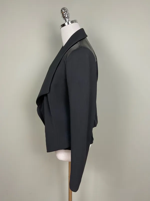 WHBM Black Draped Blazer Open Front Jacket Mixed Media Vegan Sz 10 - Image 4