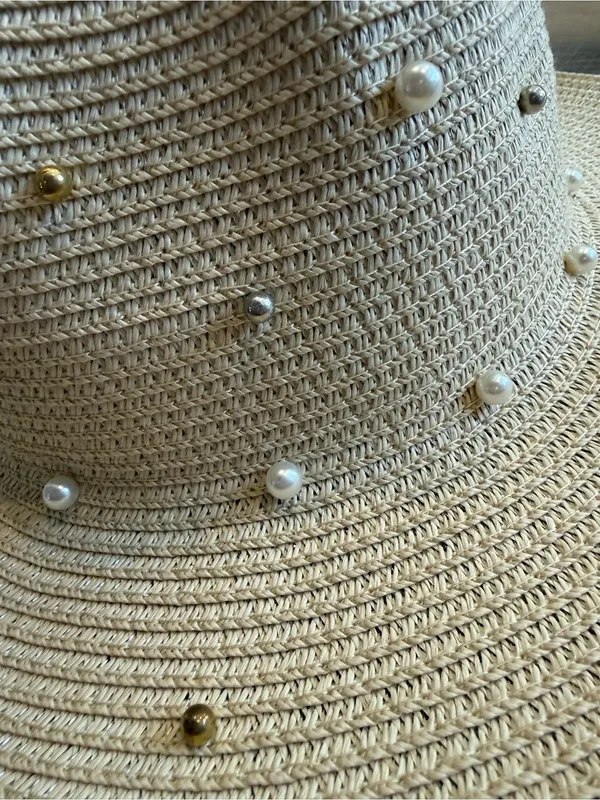 American Exchange Pearl & Gold-Studded Beige Straw Sun Hat - Image 5