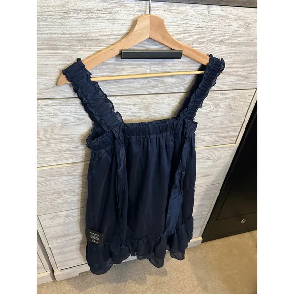 Lulus Navy Blue Ruffle Strap Mini Dress Smocked Square Neck Babydoll S - Image 5