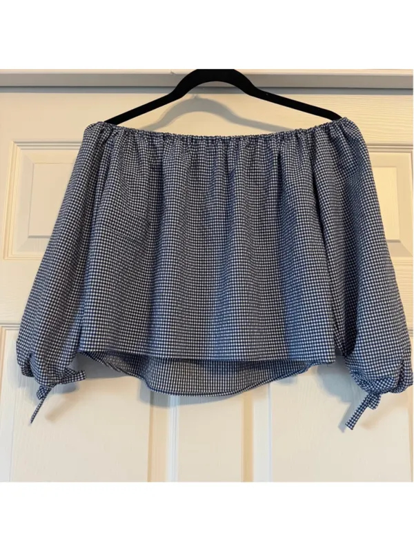 Women Zara Crop Top Gingham Blouse XS Blue Black White Bow Sleeve Off Shoulder - Image 4