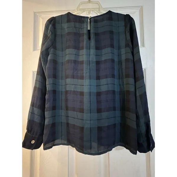 J.CREW Women’s XS Blue/Green Plaid Long Sleeve Blouse Preppy Office Holiday Top - Image 3
