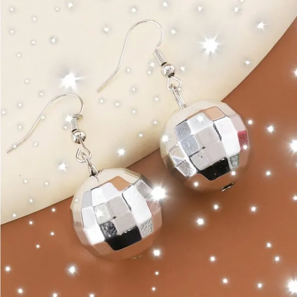 Disco Ball Dangle Earrings Silver - Image 2