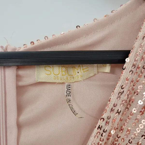 Sublime Sequined Gown S Pink Faux Wrap Long Puff Sleeve Tigh Slit Party Wedding - Image 15