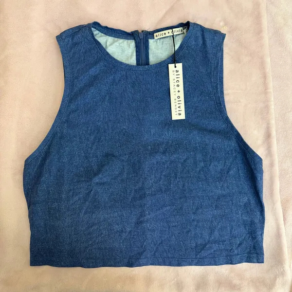 Alice + Olivia Reggie Muscle Crop Tank Top Denim Print Size Small Lightweight‎ - Image 5
