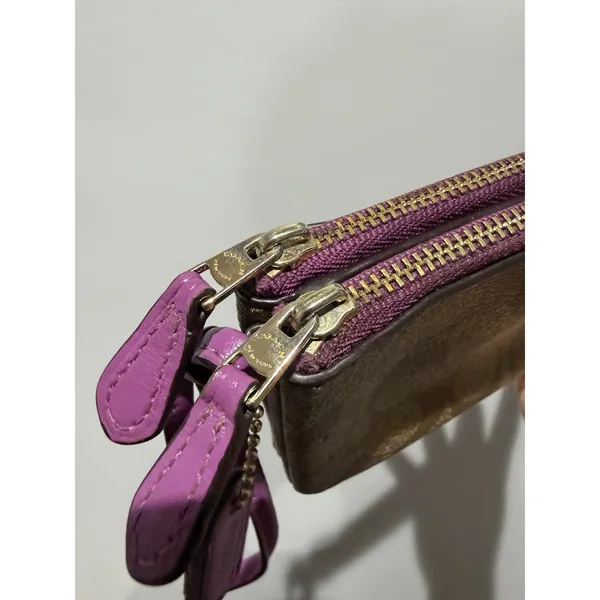Coach Double Zip Large Wristlet Khaki /purple Signature P - Image 7