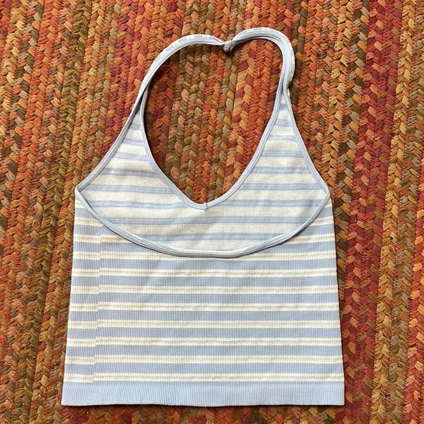 Full Tilt Blue Stripe Crop Halter Seamless Top - Image 3