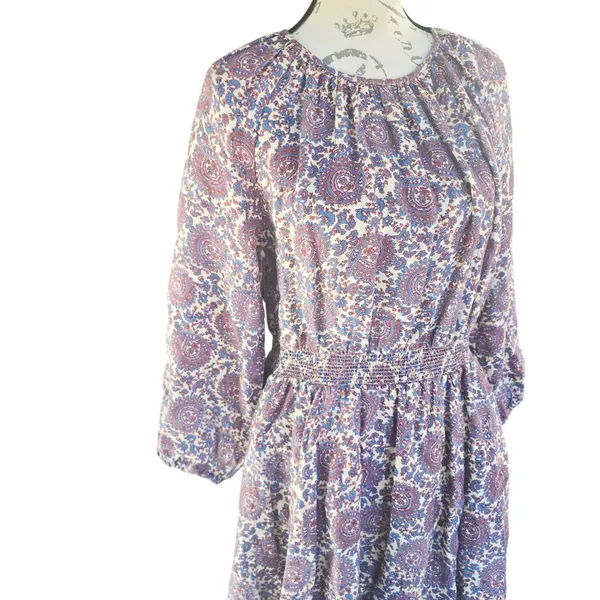 J. Crew Paisley Linen Smocked Waist Dress Blue Burgundy BP857 Womens Medium‎ - Image 3