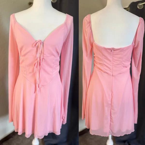 Marthea Mesh Mini Dress Womens Large Pink Tie Front Bell‎ Sleeve Coquette NWT - Image 7