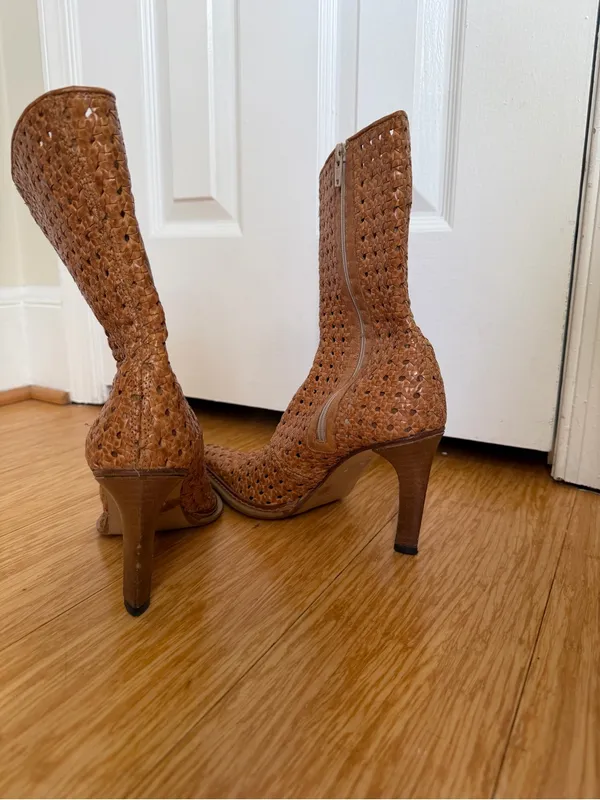 Vintage Woven Leather Brown Pointed Toe Heeled Boots EU 39 US 8 - Image 7