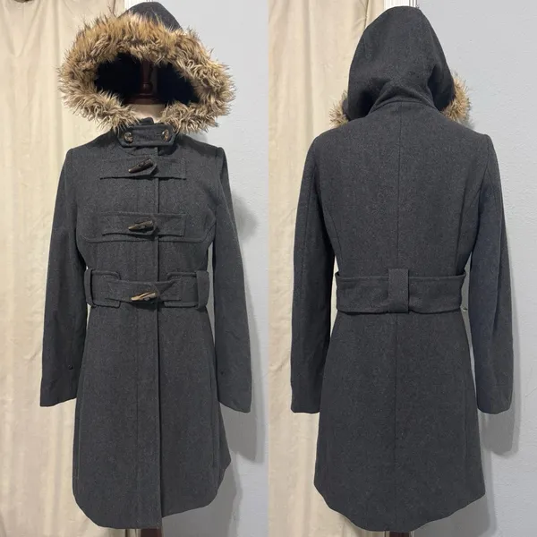 Anthropologie Elevenses Deep Woods Toggle Coat Wool Blend Faux Fur Gray size 10‎ - Image 2