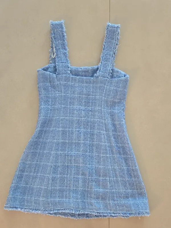New Zara Sky Blue Tweed Dress With Crystal Buttons Size S - Image 4