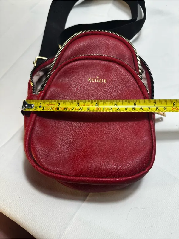 T547. Kedzie Red Vegan Leather Mini Convertible Backpack Crossbody Gold Hardware - Image 3