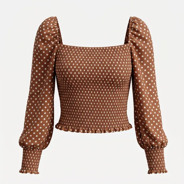 Gianni Bini Women's Brown Polka Dot‎ Smocked Puff Sleeve Angel Blouse XL - Image 2