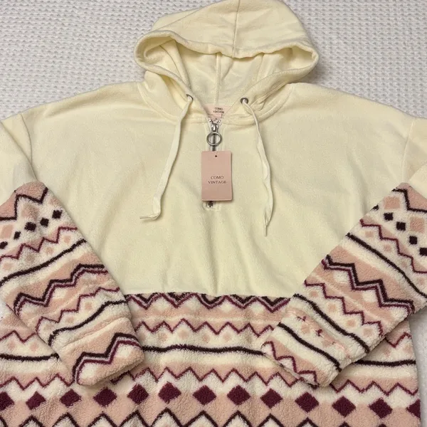 NEW! COMO VINTAGE Fleece Hoodie Sweatshirt Size L Ivory Pink Purple Geometric - Image 2