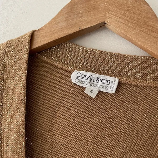 Calvin Klein‎ Women’s Gold Metallic Shimmer Wool Sweater Cardigan Vintage - Image 2