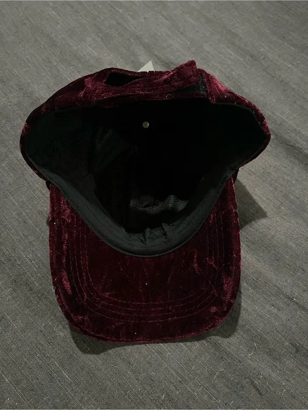 Crushed Velvet Burgundy Baseball Cap with Heart Pins - Image 4