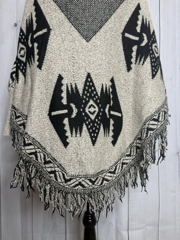 Earthbound Trading Poncho Sweater Fringe Aztec Black Tan Sz XL - Image 11