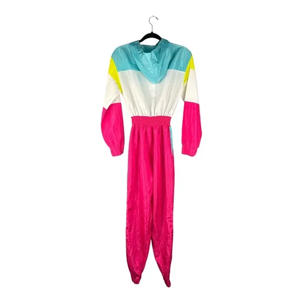Neon 80s Colorblock Windbreaker Jumpsuit Womens Small Retro Pink Teal Zip Up - Image 9