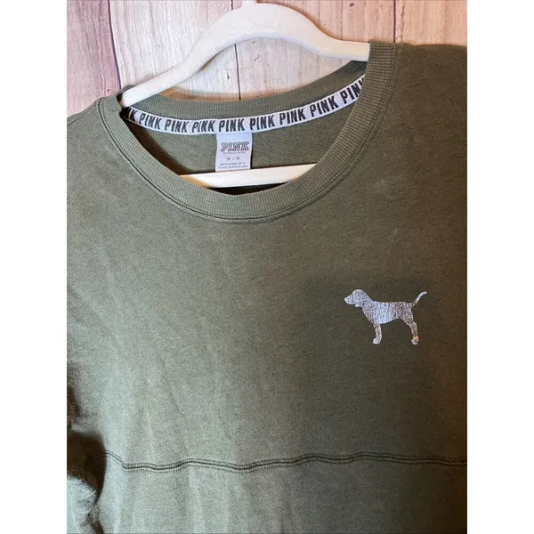 Pink Victoria's Secret Women's Olive Green Sweatshirt Size Medium Long Sleeve - Image 2