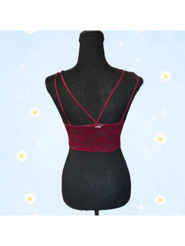 American Eagle Y2K burgundy lace strappy back crop top size XS 💗 - Image 4