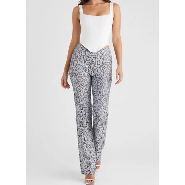 HOUSE OF CB Mara Metallic Floral Lace Pants, Silver, Medium - Image 3