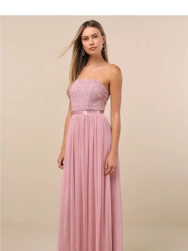 Lulu's Dusty Rose Strapless Sequin Bodice Tulle Gown - Image 4