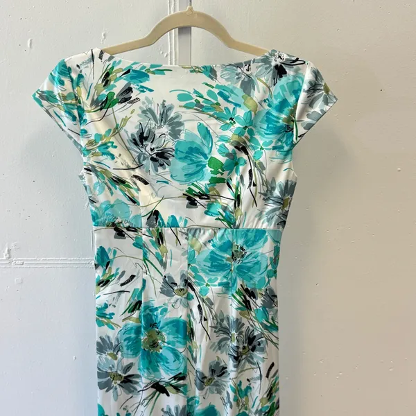 London Times Teal Green‎ Floral Ruched Sheath Satin Midi Dress Size 4 Cap Sleeve - Image 6
