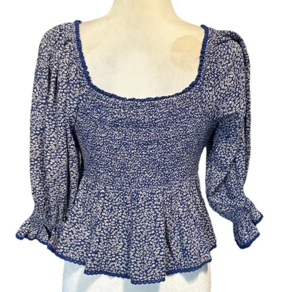 Free People Brittnee Print Smocked Peplum Top – Blue Combo Milkmaid Boho - Image 2