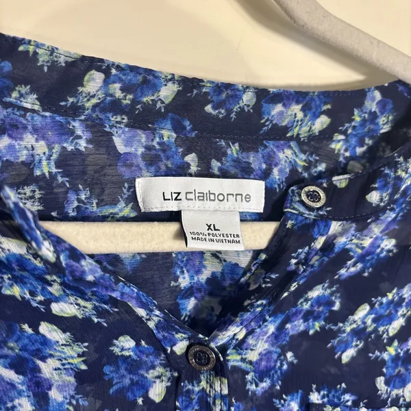 Liz Claiborne Long‎ Sleeve Blouse XL Blue Sheer Floral Button Top Cottagecore - Image 2