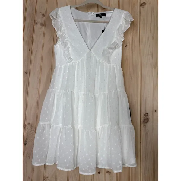 NWT Lulus Dreamy Designs White Ruffled Tiered Swiss Dot Mini Dress Summer Sz M - Image 2