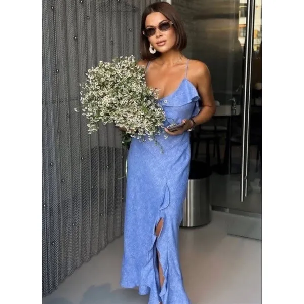 Zara Blue Linen Blend Ruffle Maxi Slip Dress Women's Small Sleeveless Leg Slit - Image 9